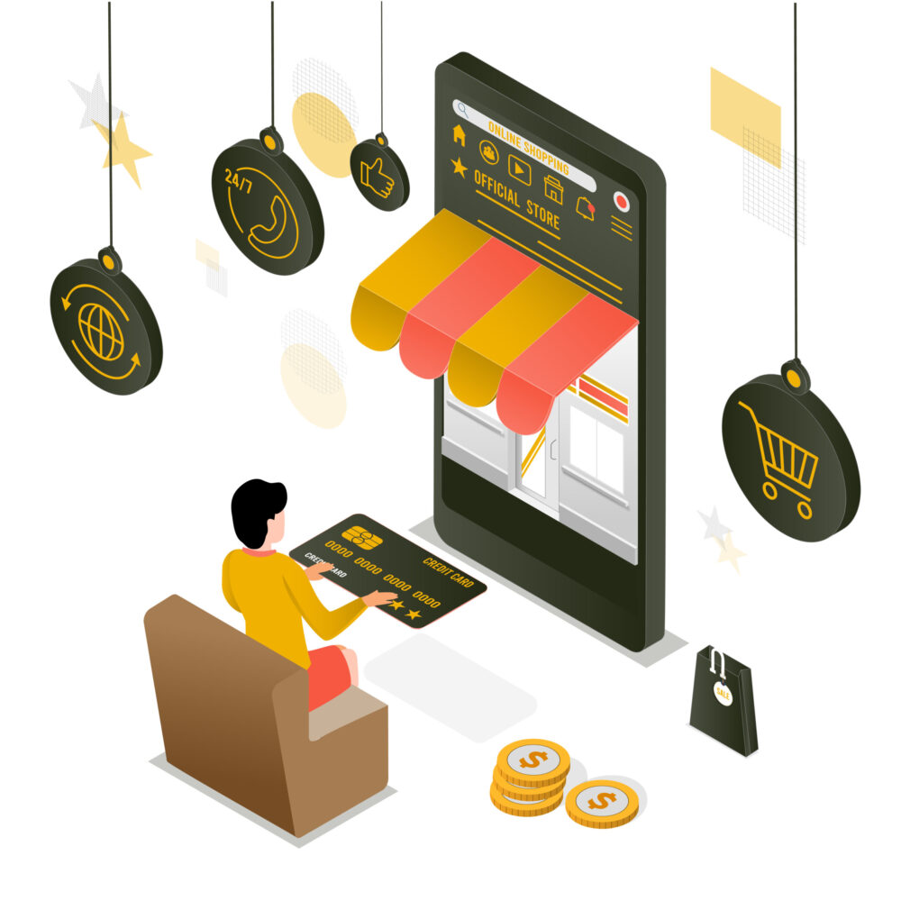 Application smartphone mobile and computer payments online transaction. Shopping online process on smartphone. Vecter cartoon illustration isometric design.
