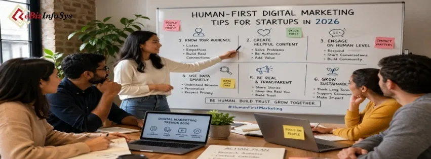 Small business team collaborating on human-first digital marketing tips for startups in 2026.