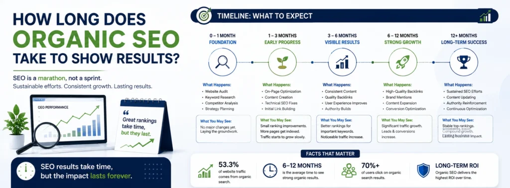 How Long Does Organic SEO Take to Show Results? – infographic showing the SEO timeline from initial setup and early progress to visible results, strong growth, and long-term success.
