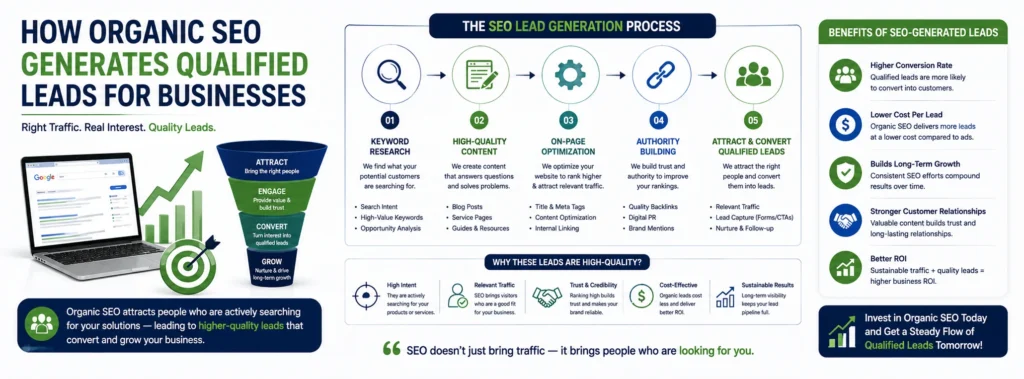 How Organic SEO Generates Qualified Leads for Businesses – infographic showing how keyword research, high-quality content, on-page optimization, authority building, and organic traffic convert into qualified leads.