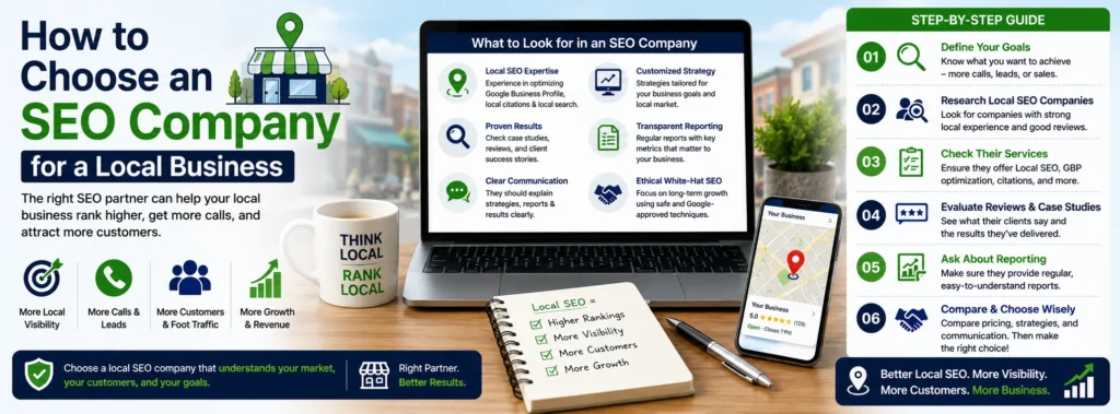 How to choose an SEO company for a local business by evaluating local SEO expertise, services, reviews, reporting, and results.