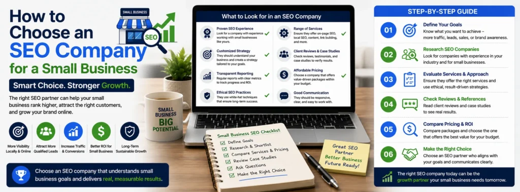 How to choose an SEO company for a small business by evaluating experience, services, pricing, reviews, communication, and SEO results.