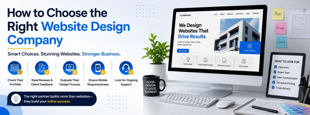 How to Choose the Right Website Design Company – guide showing key factors such as portfolio, client reviews, design process, mobile responsiveness, and ongoing support.
