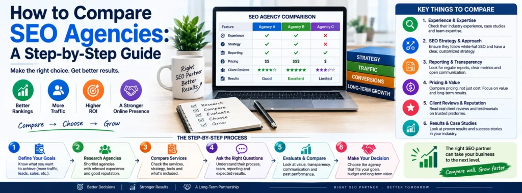 How to compare SEO agencies step by step by evaluating experience, strategy, reporting, pricing, reviews, and proven results.