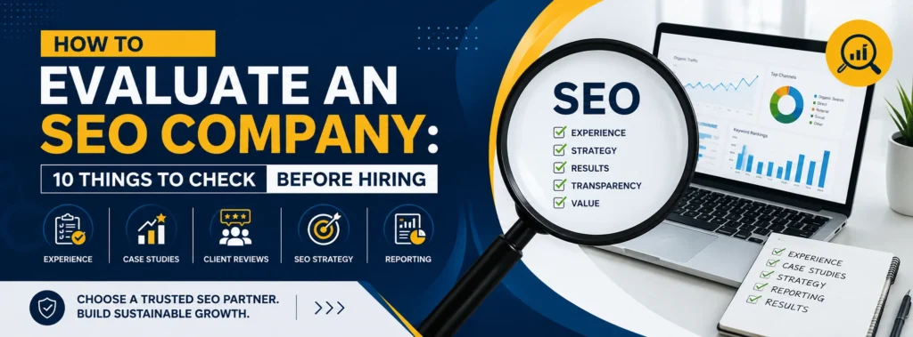 How to evaluate an SEO company before hiring - 10 key factors including experience, case studies, SEO strategy, reviews and reporting.