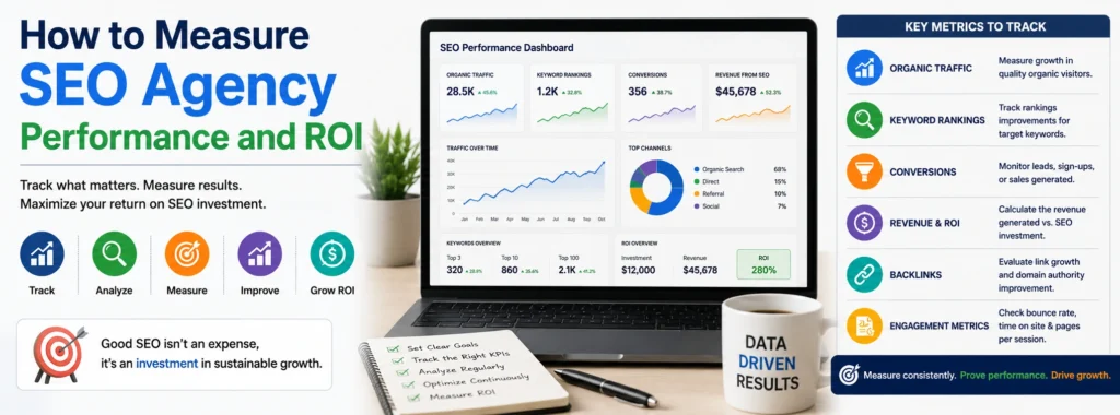How to measure SEO agency performance and ROI using organic traffic, conversions, KPIs, and SEO reporting.