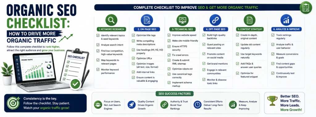 Organic SEO Checklist: How to Drive More Organic Traffic – infographic covering keyword research, on-page SEO, technical SEO, off-page SEO, content strategy, performance tracking, and SEO success factors.