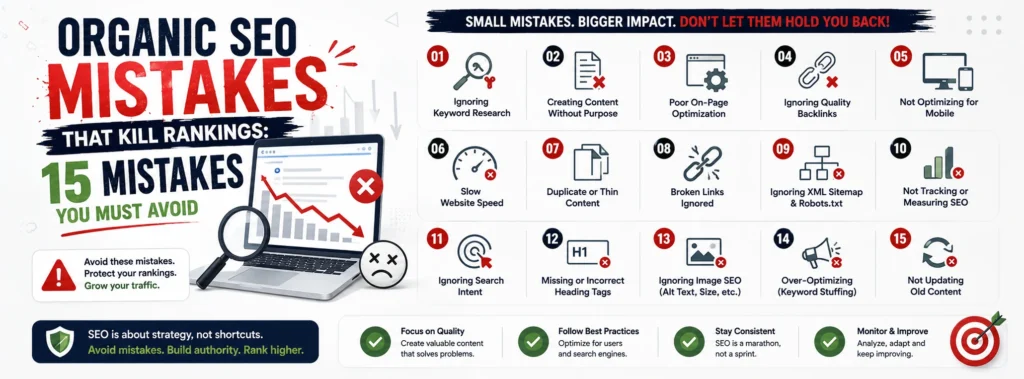 Organic SEO Mistakes That Kill Rankings: 15 mistakes to avoid, including poor keyword research, weak content, bad on-page SEO, low-quality backlinks, slow speed, broken links, duplicate content, mobile issues, and keyword stuffing.