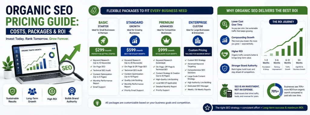 Organic SEO Pricing Guide: Costs, Packages & ROI – infographic comparing SEO pricing packages, services, investment levels, long-term growth, and potential return on investment.