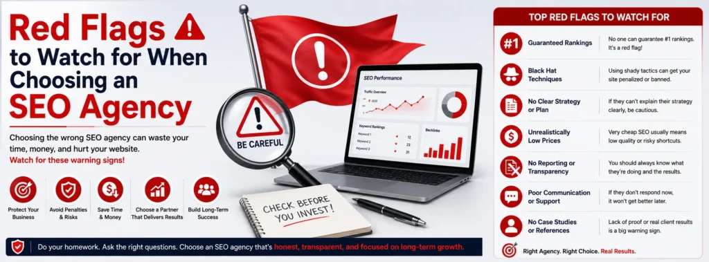 Red flags to watch for when choosing an SEO agency, including guaranteed rankings, black-hat SEO, unclear strategy, low pricing, and poor reporting.