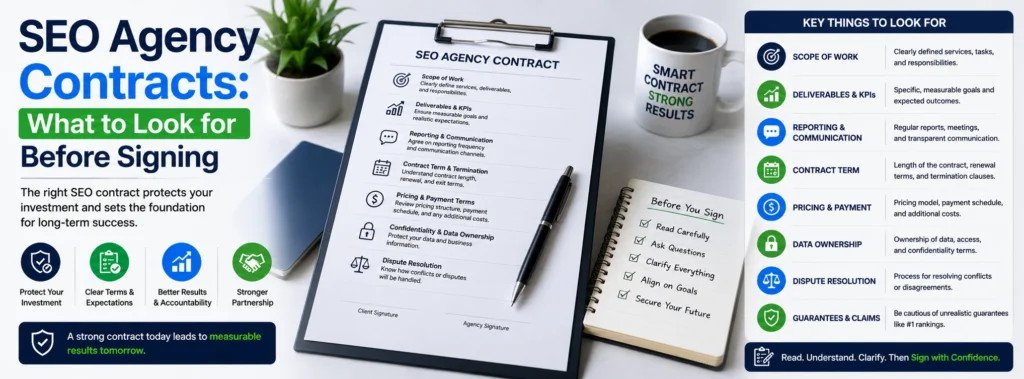 SEO agency contract checklist covering scope of work, KPIs, pricing, communication, contract terms, data ownership, and termination clauses.