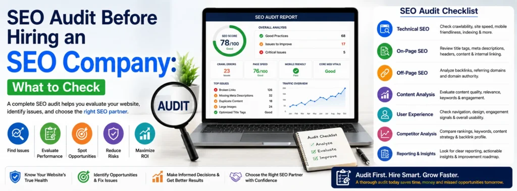 SEO audit checklist showing what to check before hiring an SEO company including technical SEO, content, and backlinks.