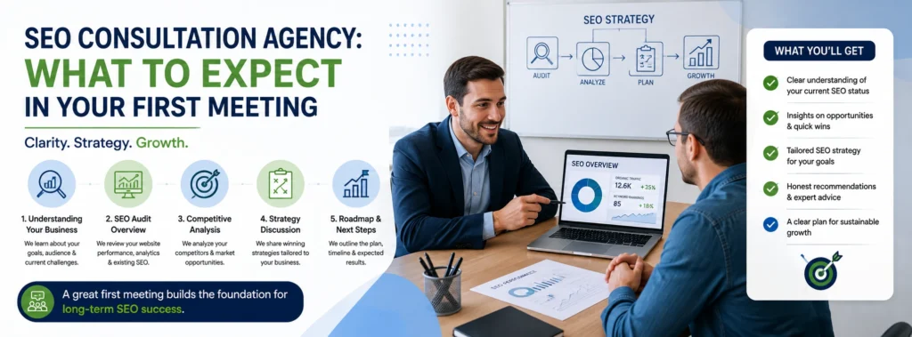 SEO Consultation Agency: What to Expect in Your First Meeting – infographic showing business discovery, SEO audit, competitor analysis, strategy discussion, roadmap, and expected outcomes.