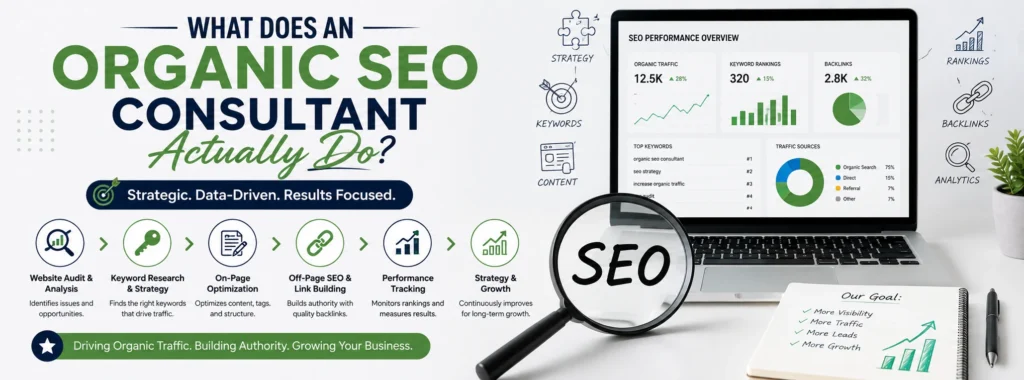 What Does an Organic SEO Consultant Actually Do? – infographic showing SEO audits, keyword research, on-page optimization, link building, performance tracking, and organic growth.