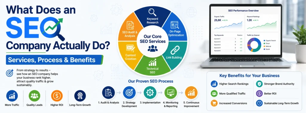 What an SEO company does including technical SEO, content optimization, link building, reporting, and strategy.