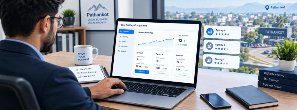 Business owner evaluating an SEO company in Pathankot